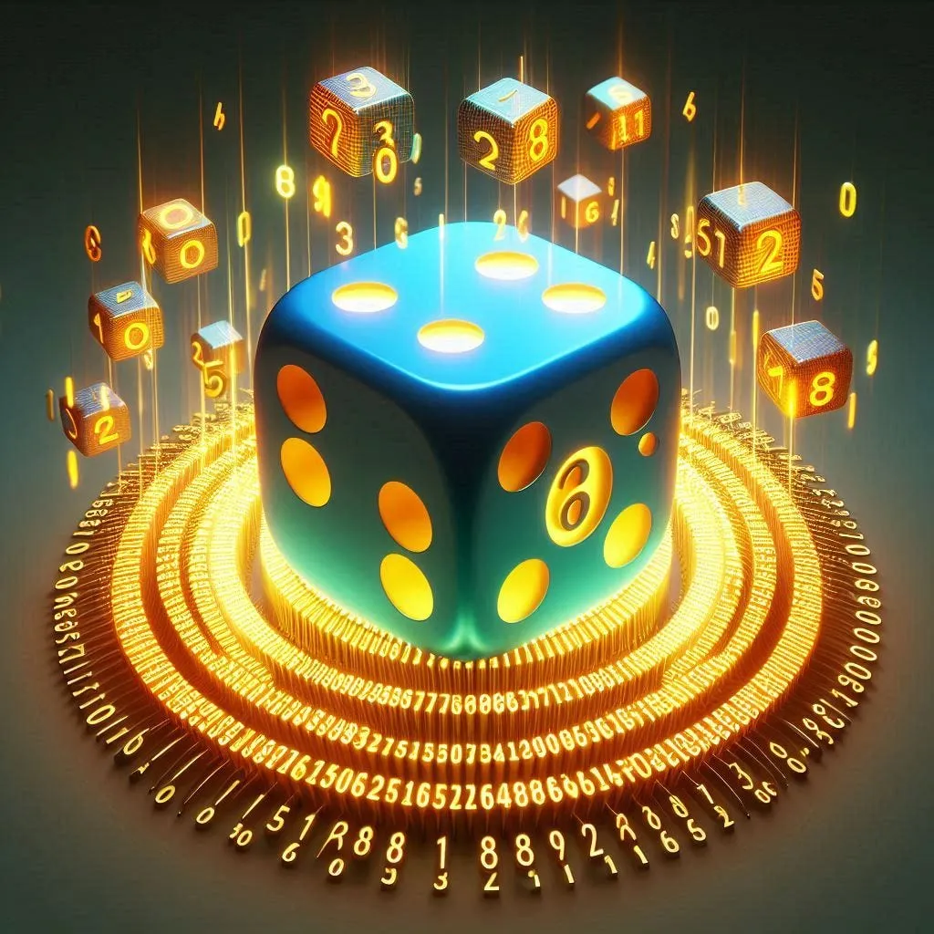 A colorful glowing dice surrounded by hexadecimal numbers, representing UUID randomness